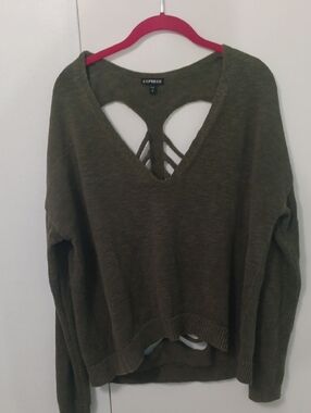 Express Olive Green V-Neck Sweater with Strappy Open Back